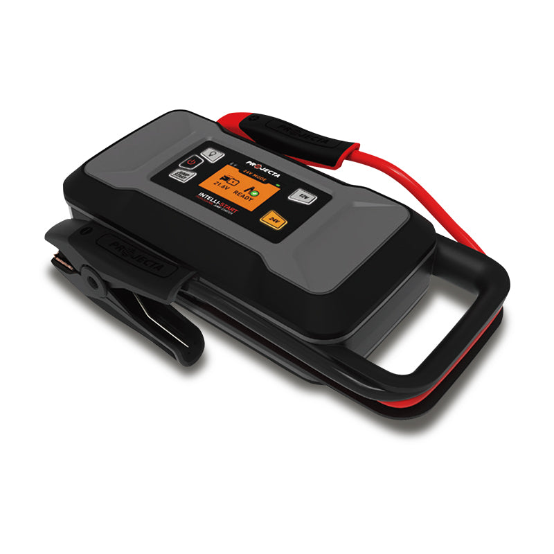 A black and red Projecta IS2000 Intelli-Start 12/24V 2000A Lithium Jump Starter with a color screen and clamps attached.