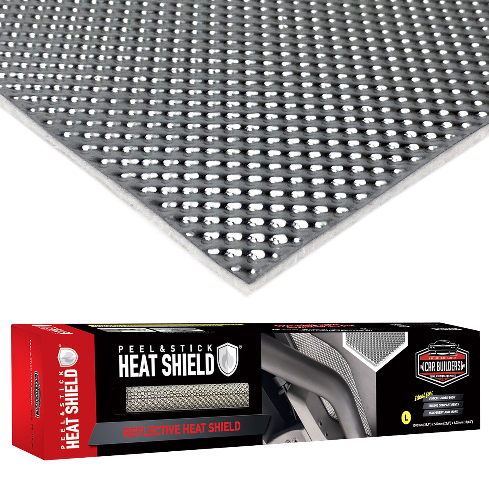 Car Builders Peel and Stick Heat Shield sheet with dimpled aluminium face, shown with retail box