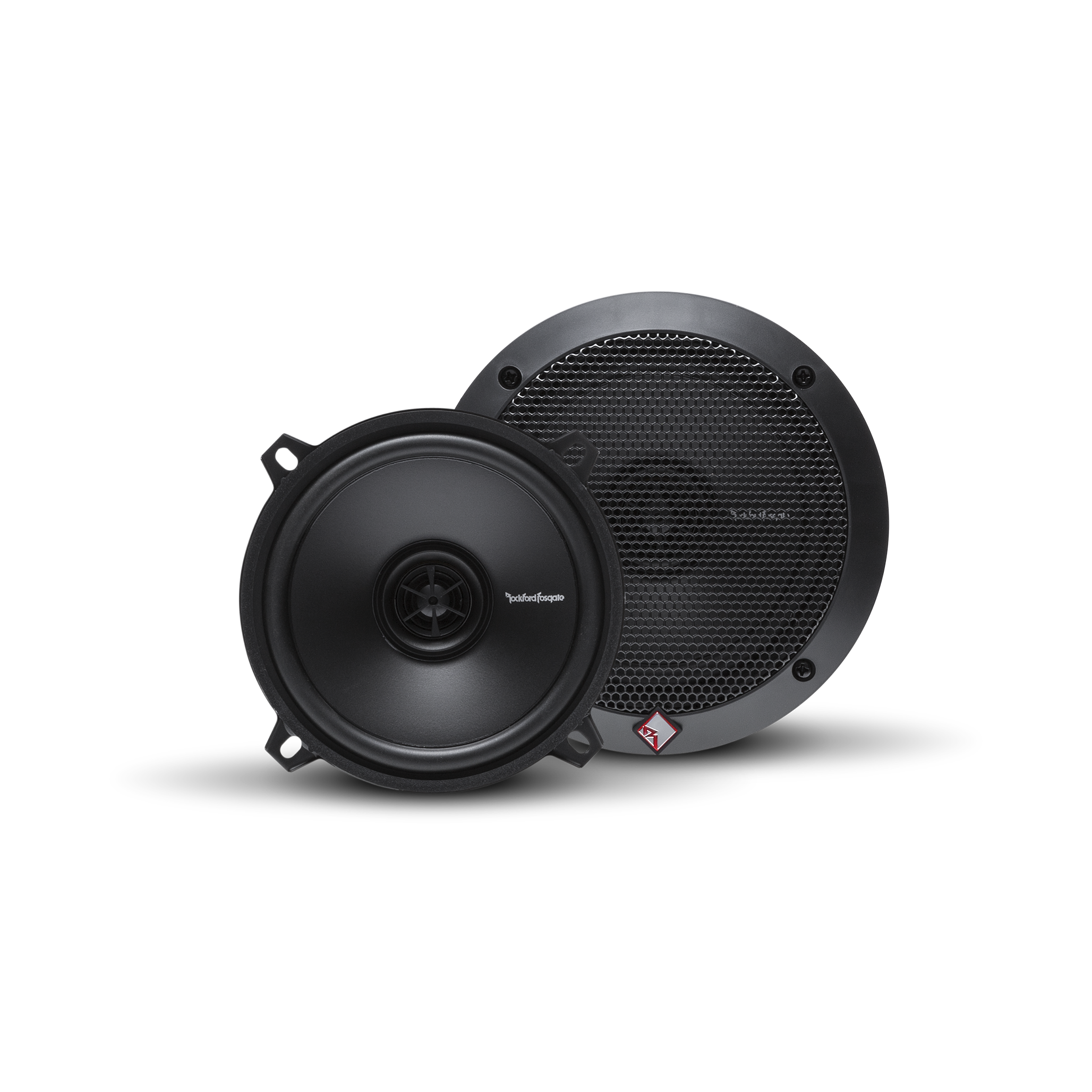 Black coaxial speakers with centre tweeters and Rockford Fosgate badges, one shown with its mesh grille fitted