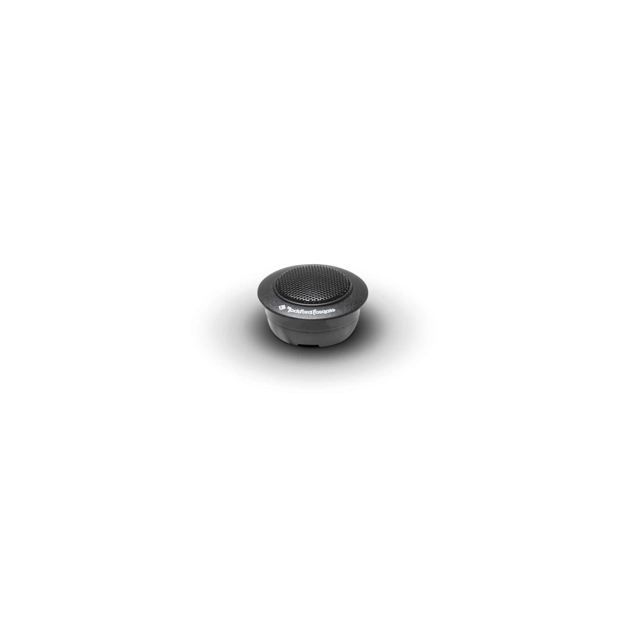 Small black dome tweeter in a round flush mount cup, shown from a low front angle