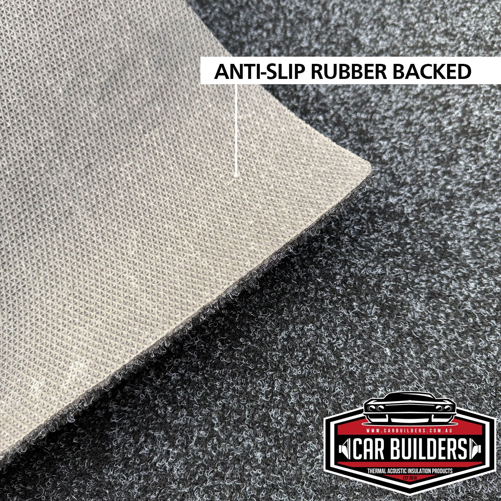 Underside of Rubber Backed Marine Carpet showing the anti slip rubber backing against the charcoal carpet face