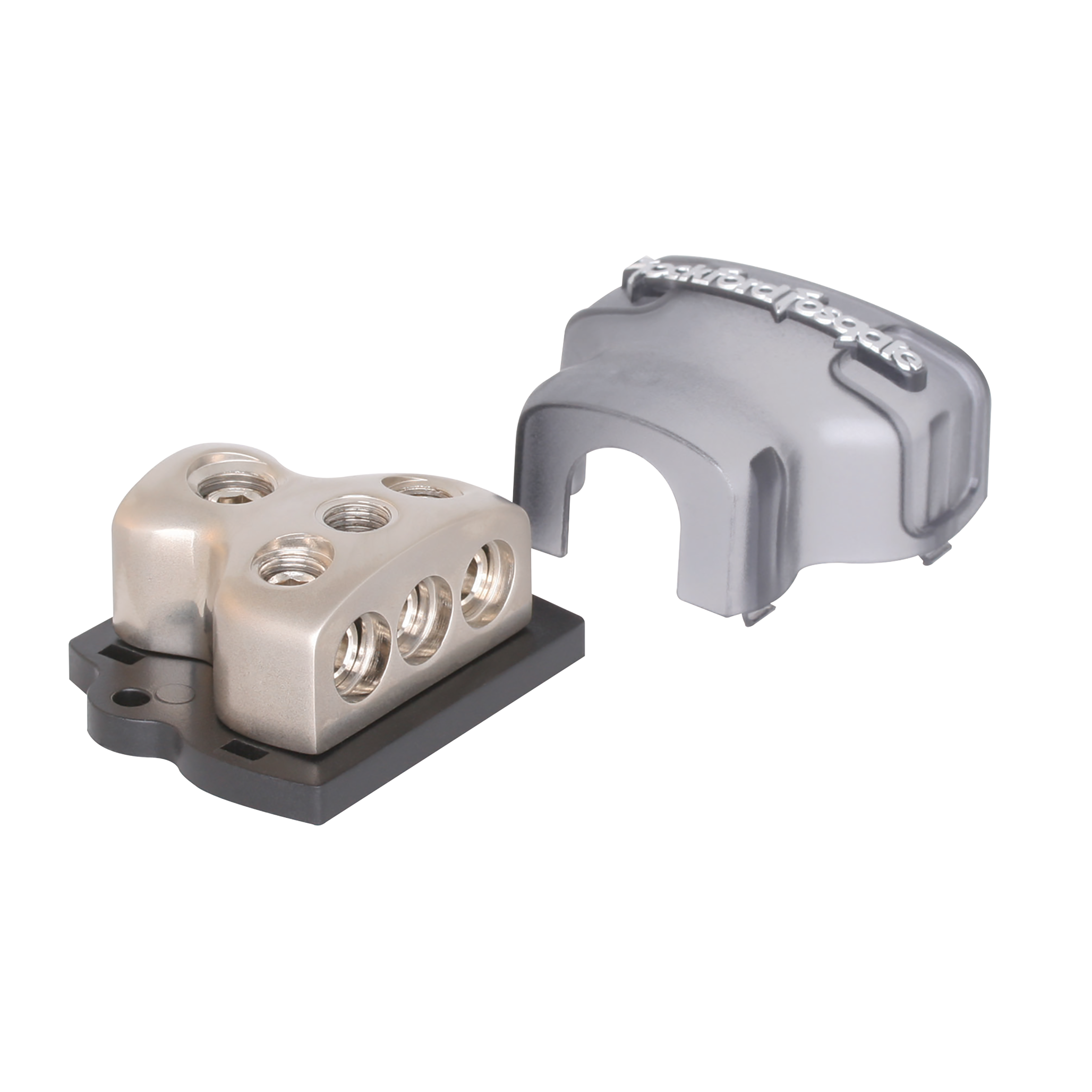 Block with its smoked cover lifted off, showing the input and four output set screws