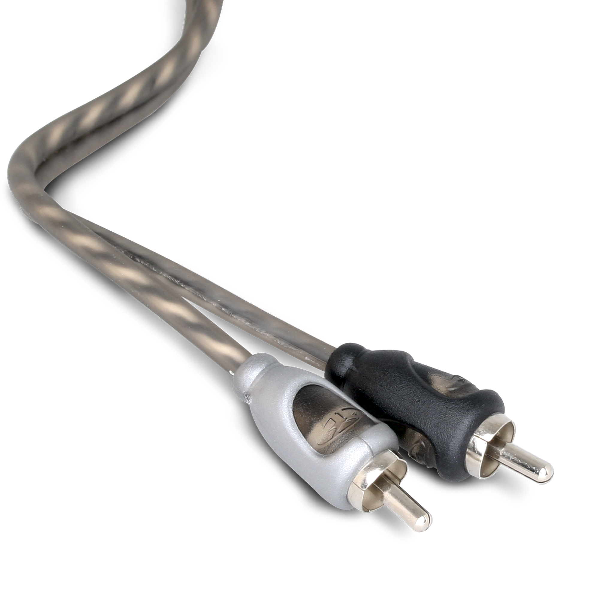 Grey twisted signal cable ending in silver and black RCA plugs, shown up close