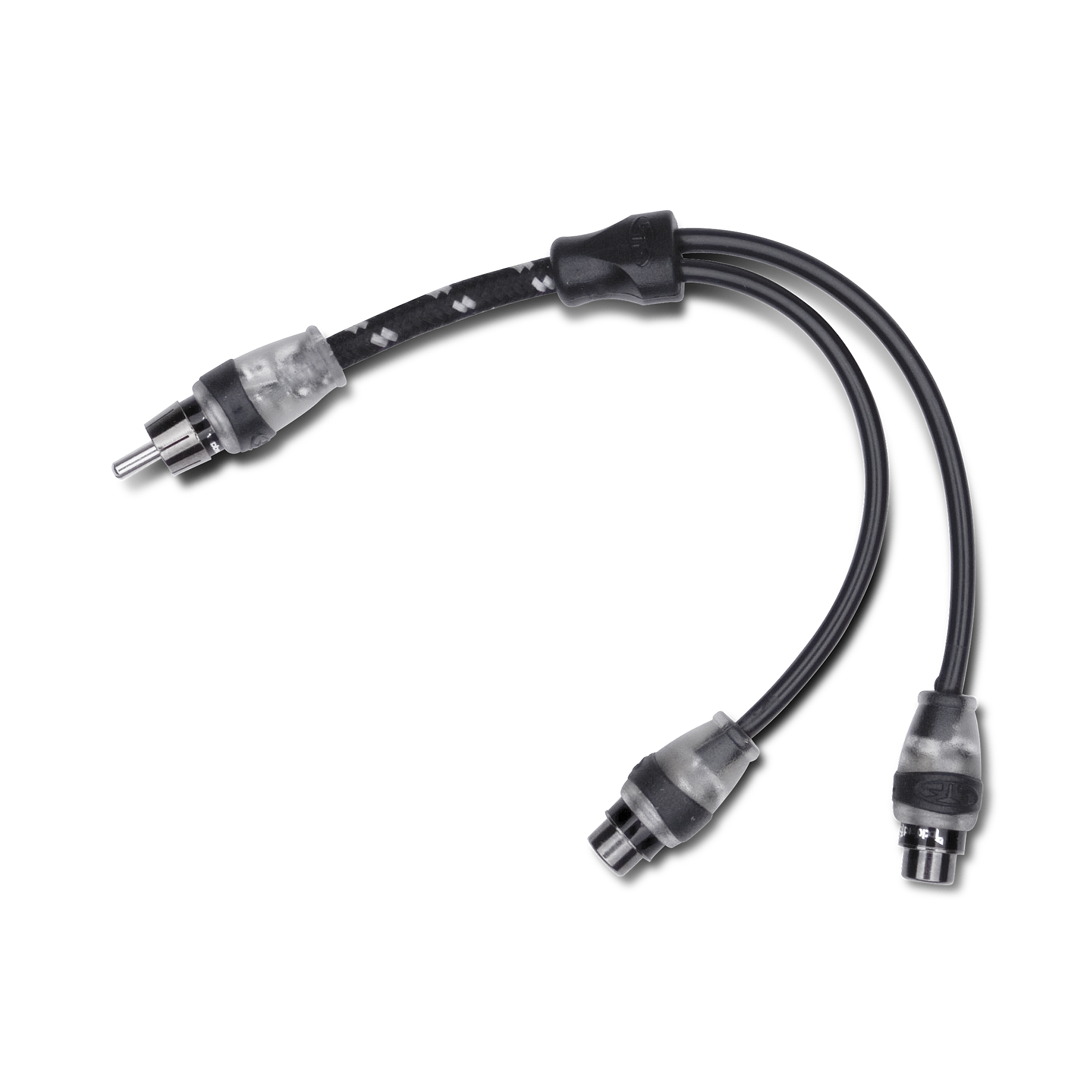 Y adaptor with a male RCA plug on a braided lead splitting into black female RCA sockets