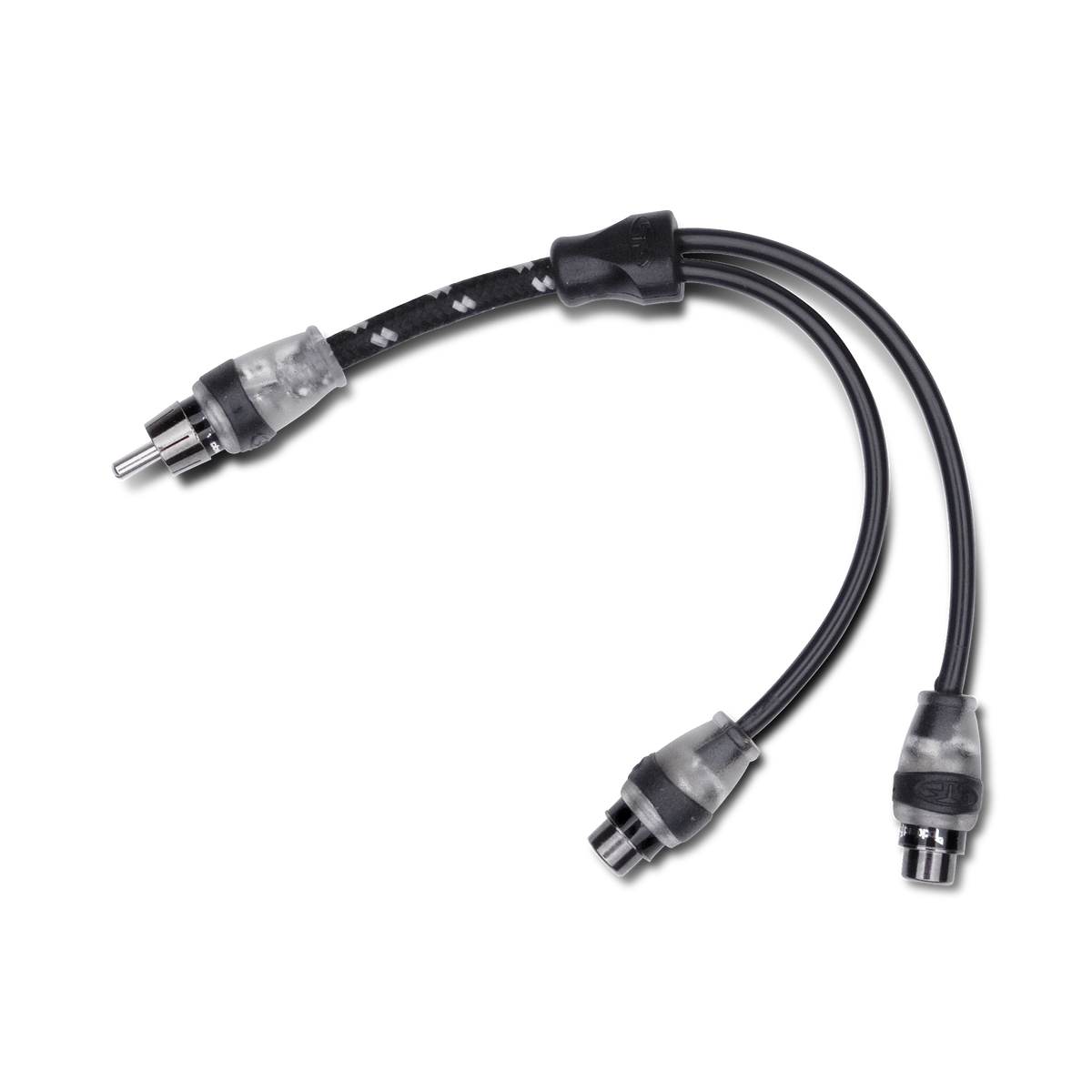 Y adaptor with a male RCA plug on a braided lead splitting into black female RCA sockets