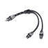Y adaptor with a male RCA plug on a braided lead splitting into black female RCA sockets