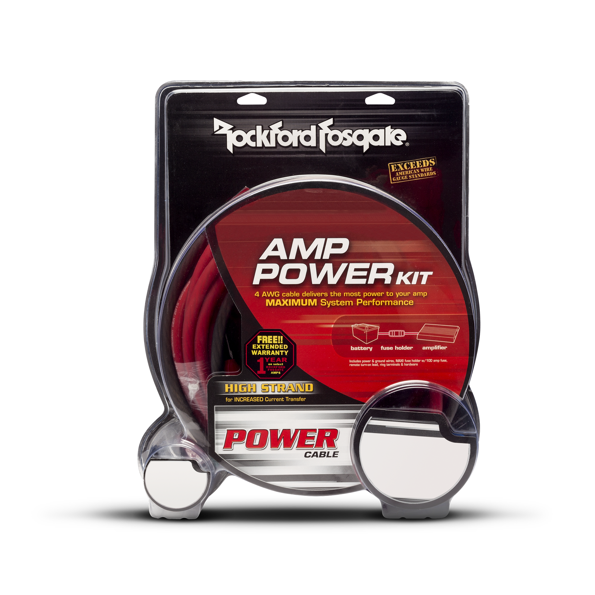 Rockford Fosgate Amp Power Kit retail pack with red power cable visible through the clear clamshell