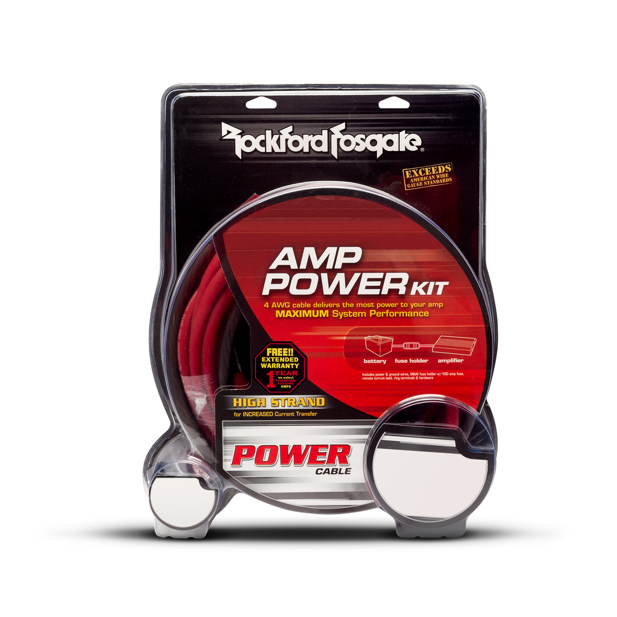 Rockford Fosgate Amp Power Kit retail pack with red power cable visible through the clear clamshell