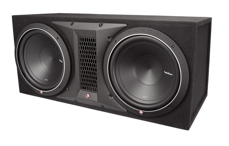 A Rockford Fosgate dual P1 12-inch vented enclosure with 500 Watts RMS power handling, covered in high-density carpet.