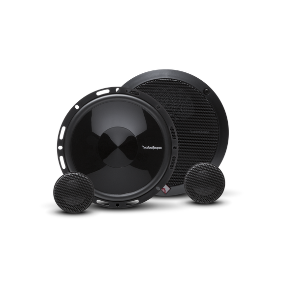 Rockford Fosgate P165-SI Punch 6.5 inch 2-Way Euro Fit Compatible System with Internal Xover, showing the component parts including the woofer and tweeter.