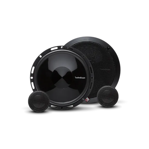 Rockford Fosgate P165-SI Punch 6.5 inch 2-Way Euro Fit Compatible System with Internal Xover, showing the component parts including the woofer and tweeter.