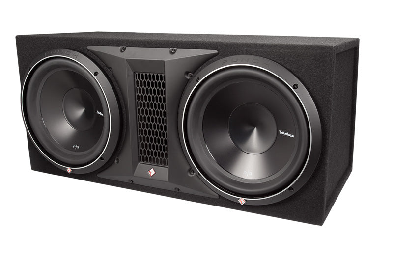 Rockford Fosgate P3-2X12 Punch Dual 12-inch loaded subwoofer enclosure with black high-density carpet cover and visible compression terminals.