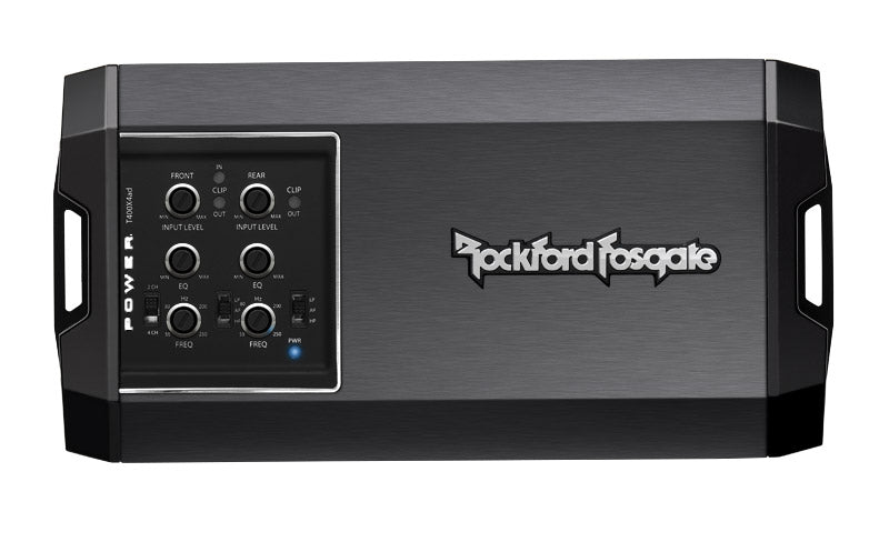 Rockford Fosgate T400X4ad Power 400 Watt Class-ad 4-Channel Amplifier, black with control knobs and brand logo on the front.