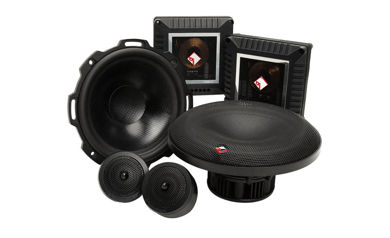 Rockford Fosgate T4652-S Power 6.5-inch T4 component speaker set with tweeter, woofer, passive crossover, and mounting hardware.