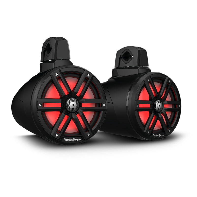 Pair of Rockford Fosgate M2 8-inch black 2-way marine speakers with red LED lighting and black sport-style grilles with inserts.