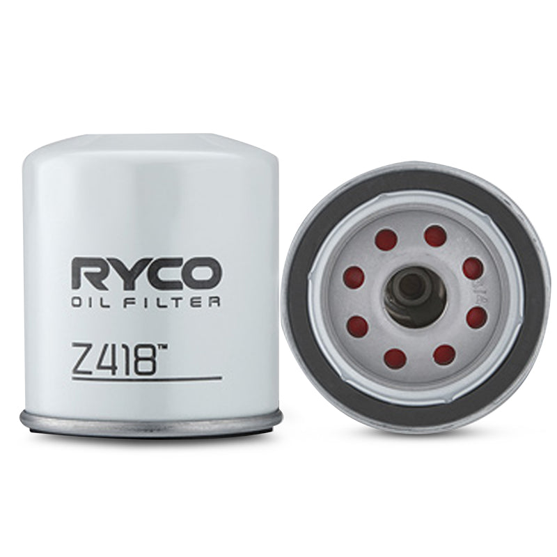 Ryco Z418 Oil Filter Spin On product image showing the filter from the side and the top view with a white body and red details.