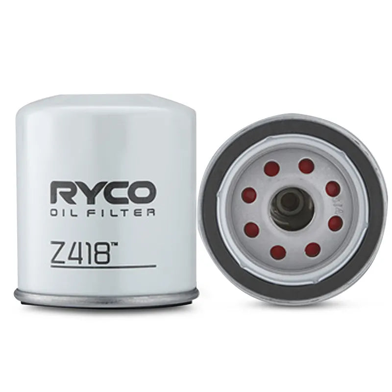Ryco Z418 Oil Filter Spin On product image showing the filter from the side and the top view with a white body and red details.