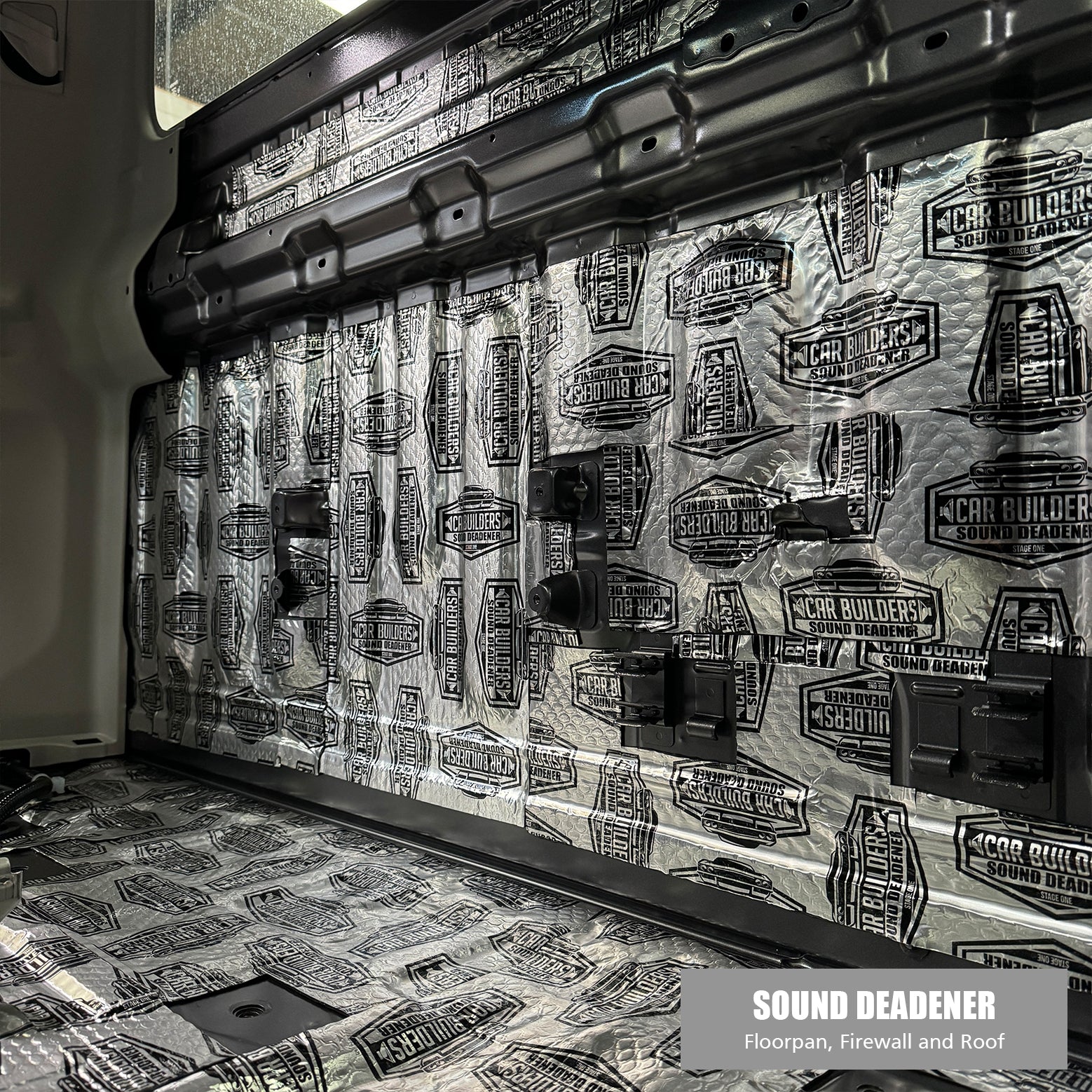 Back wall of a single cab fully covered in Stage 1 Sound Deadener sheets