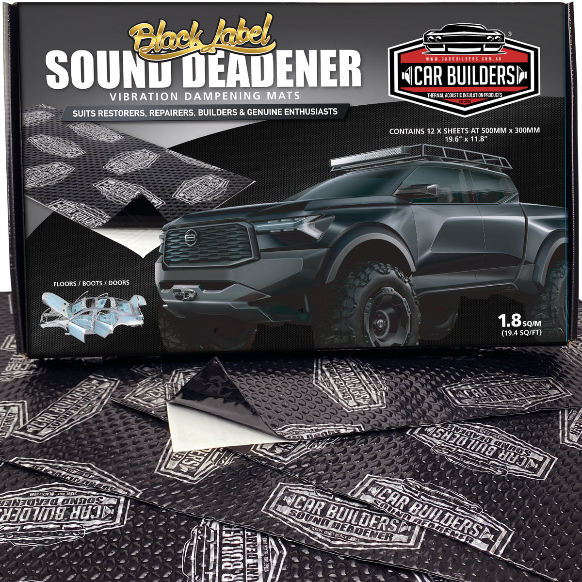 Car Builders Black Label sound deadener box with black printed sheets
