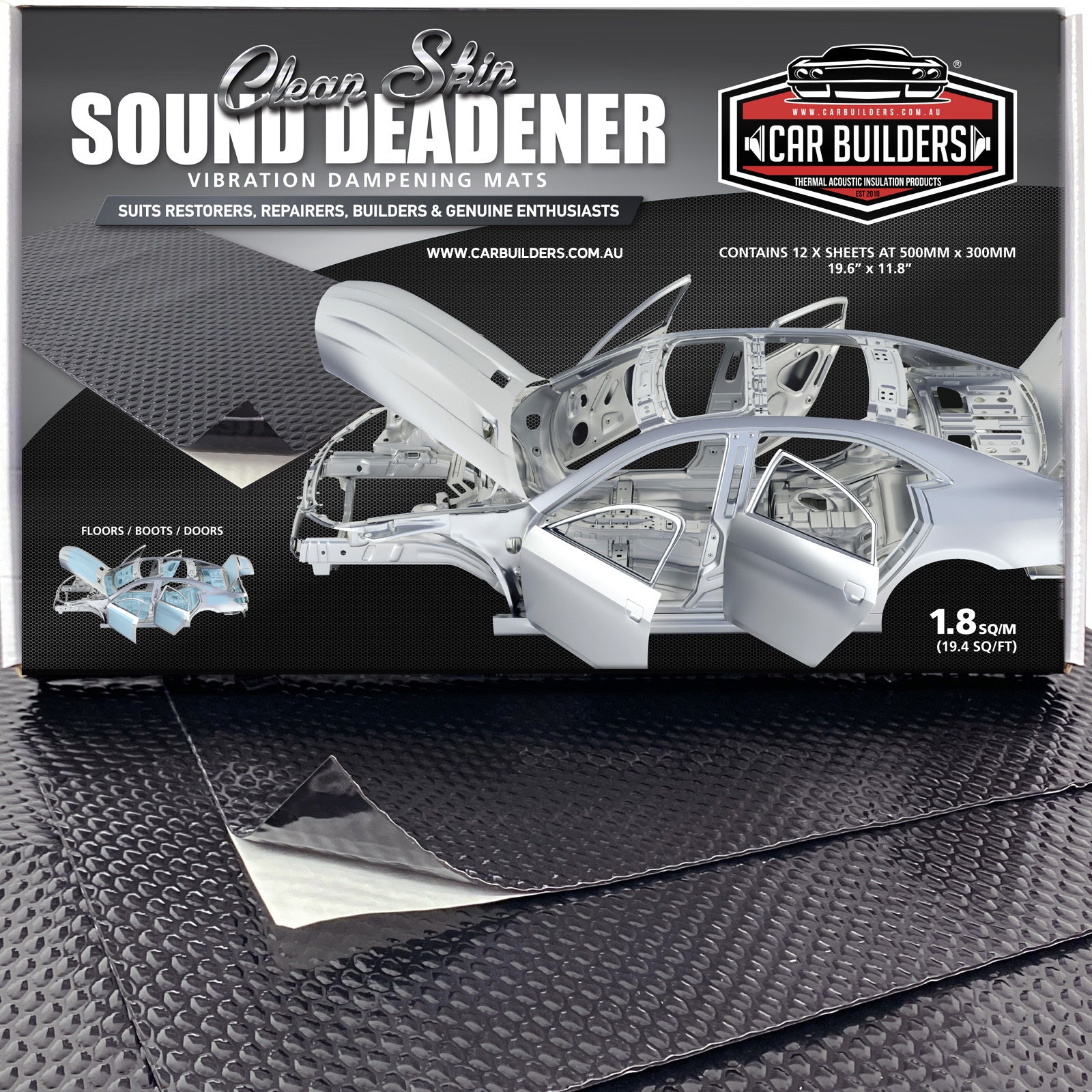 Car Builders Clean Skin sound deadener box with plain black sheets