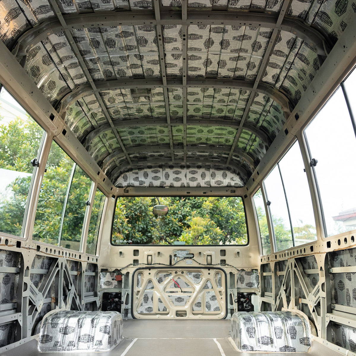 Bus roof and walls fully lined with silver sound deadener