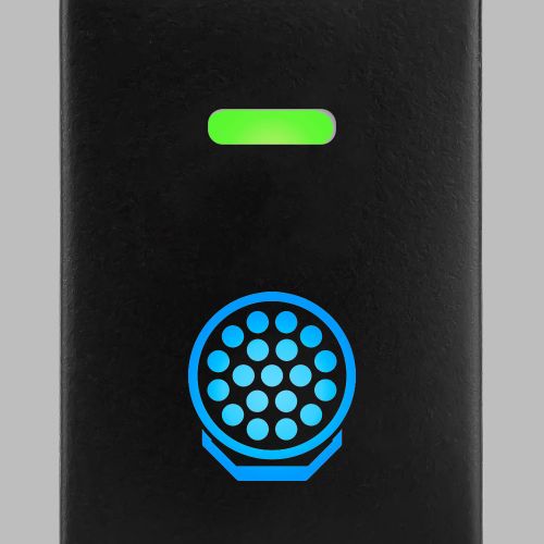 Switch face lit, with a green bar at the top and a blue round spot light icon below