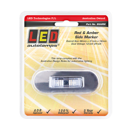 LED Autolamps Red & Amber Side Marker LED in packaging, with product details and branding visible.