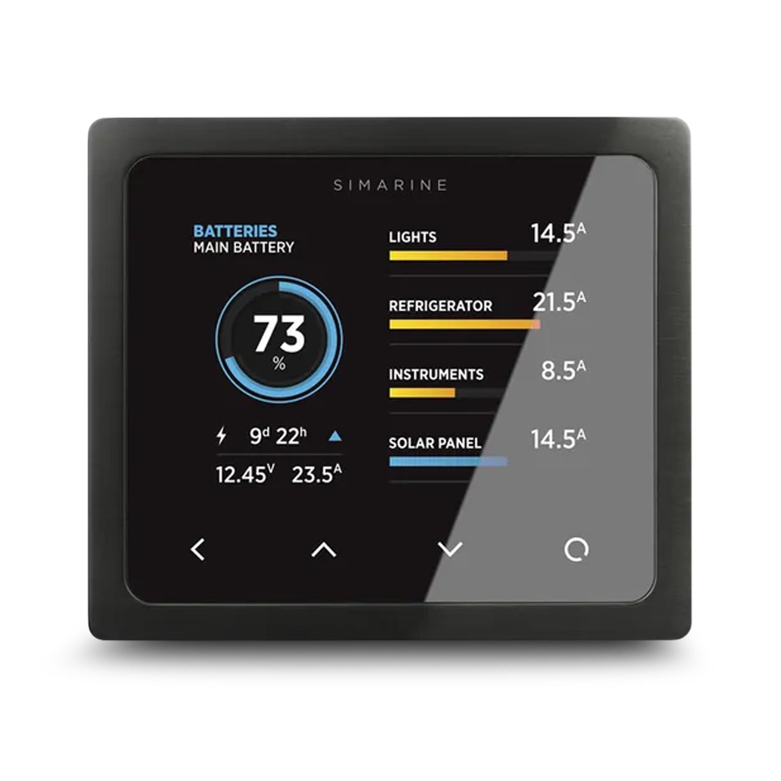 Black SIMARINE Pico display panel mount for marine battery and tank monitoring, showing battery levels, light usage, and temperature readings on screen.