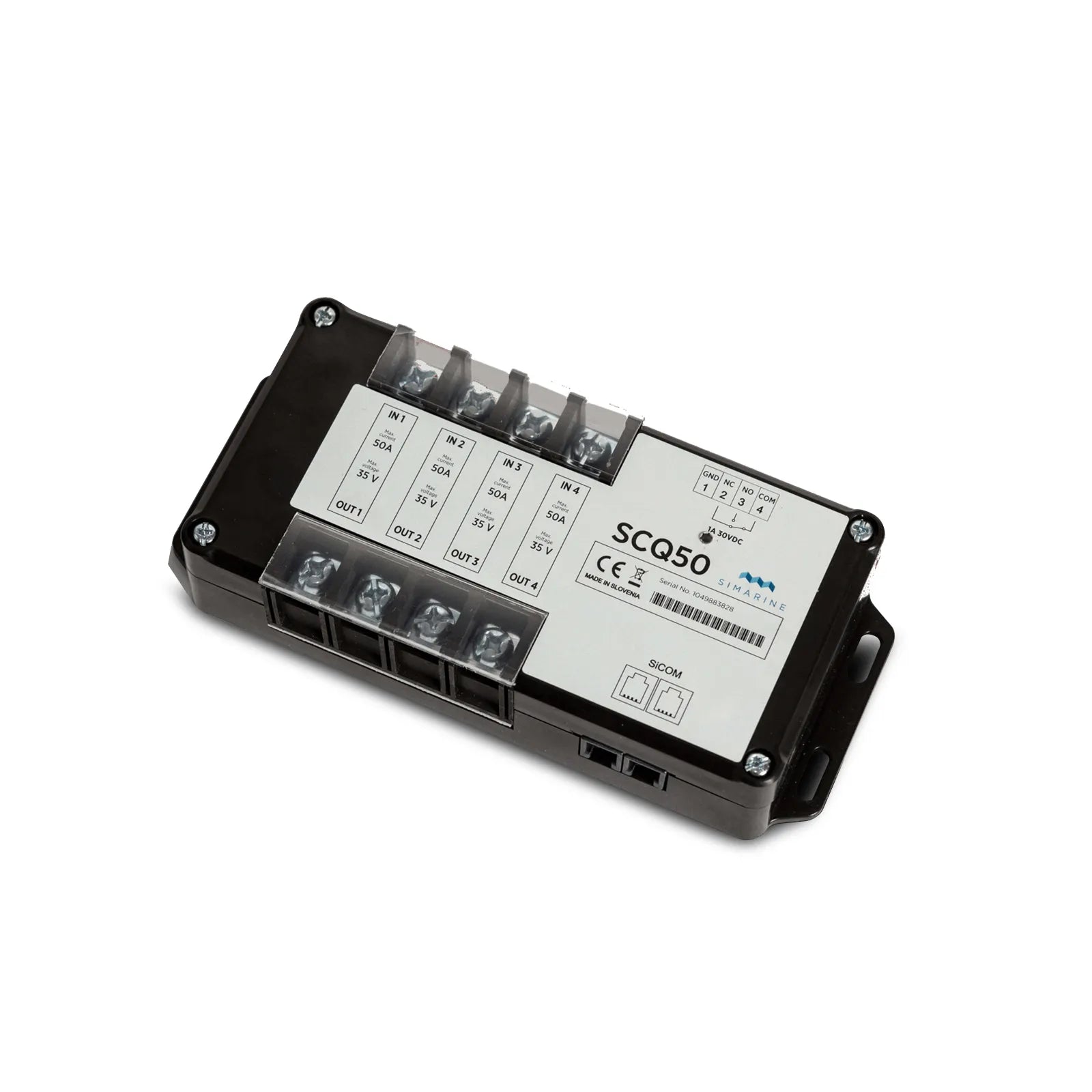 Black Simarine SI-SCQ50 50A active quad shunt for Pico battery monitor with multiple connectors and front control settings displayed.