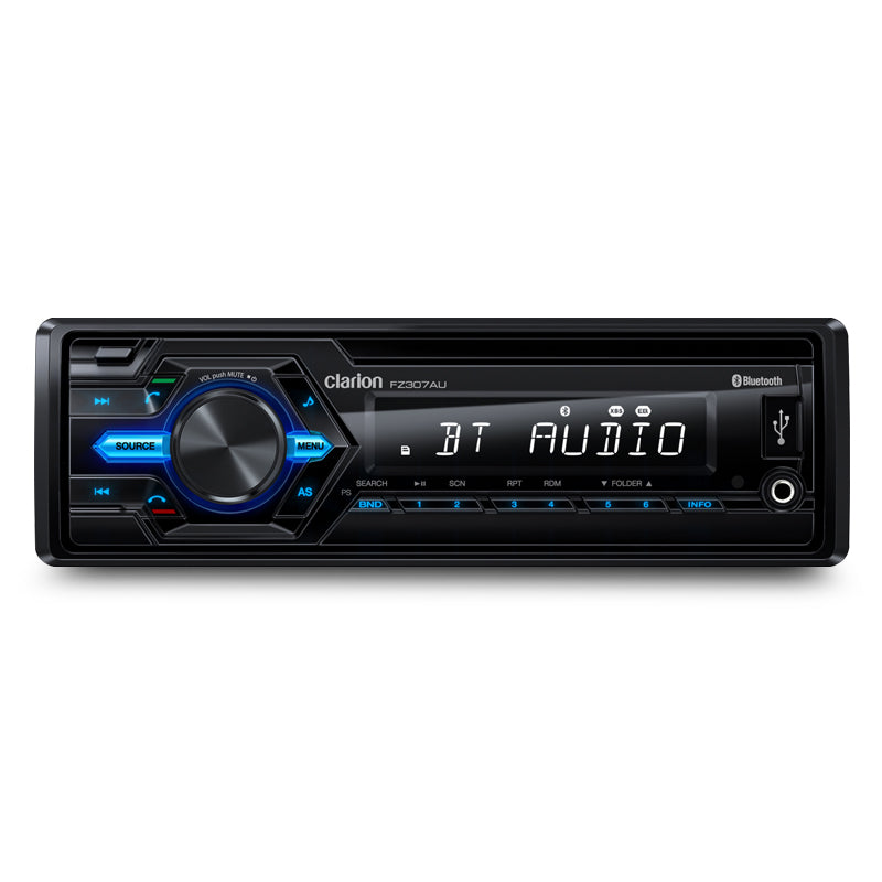 Clarion FZ307AU Single DIN mechless audio receiver with black faceplate, blue illumination, honeycomb-patterned volume knob, and media control buttons.