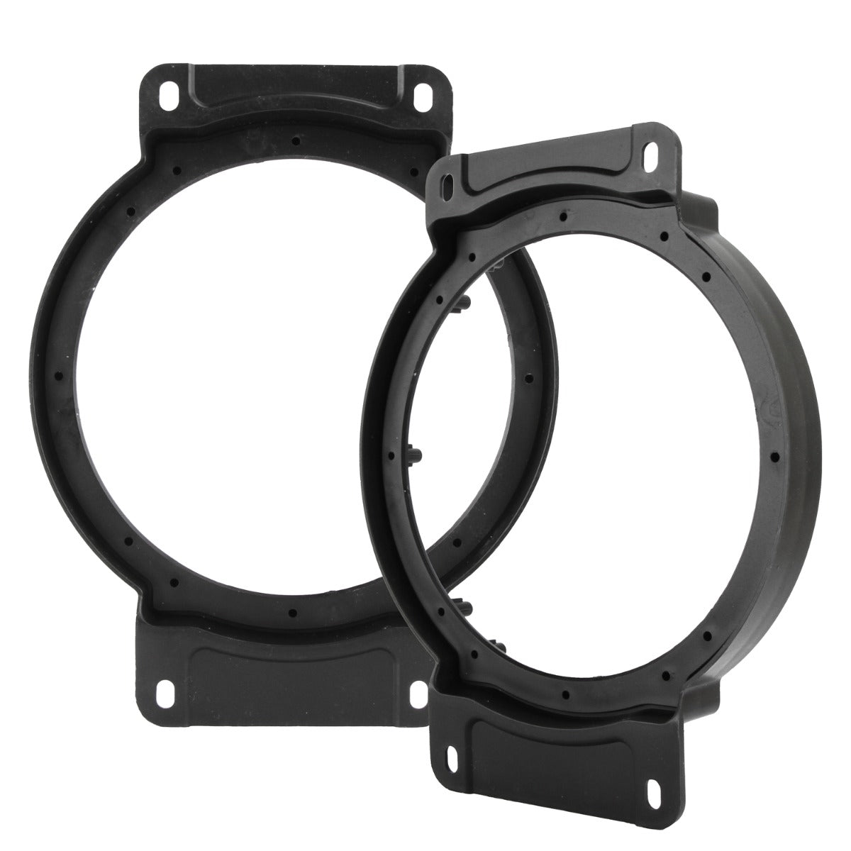 Black speaker spacers with flat mounting brackets and screw holes around the edge, shown at an angle