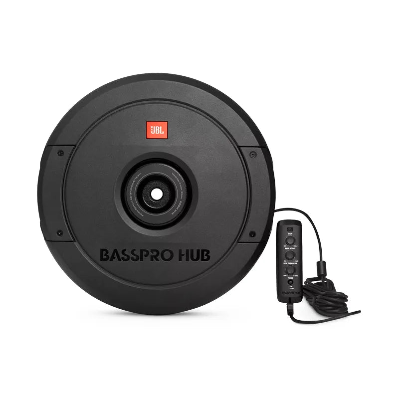 JBL BassPro HUB subwoofer with built-in Class D 200 Watt RMS Amplifier, black in color, featuring the JBL logo and a remote control.