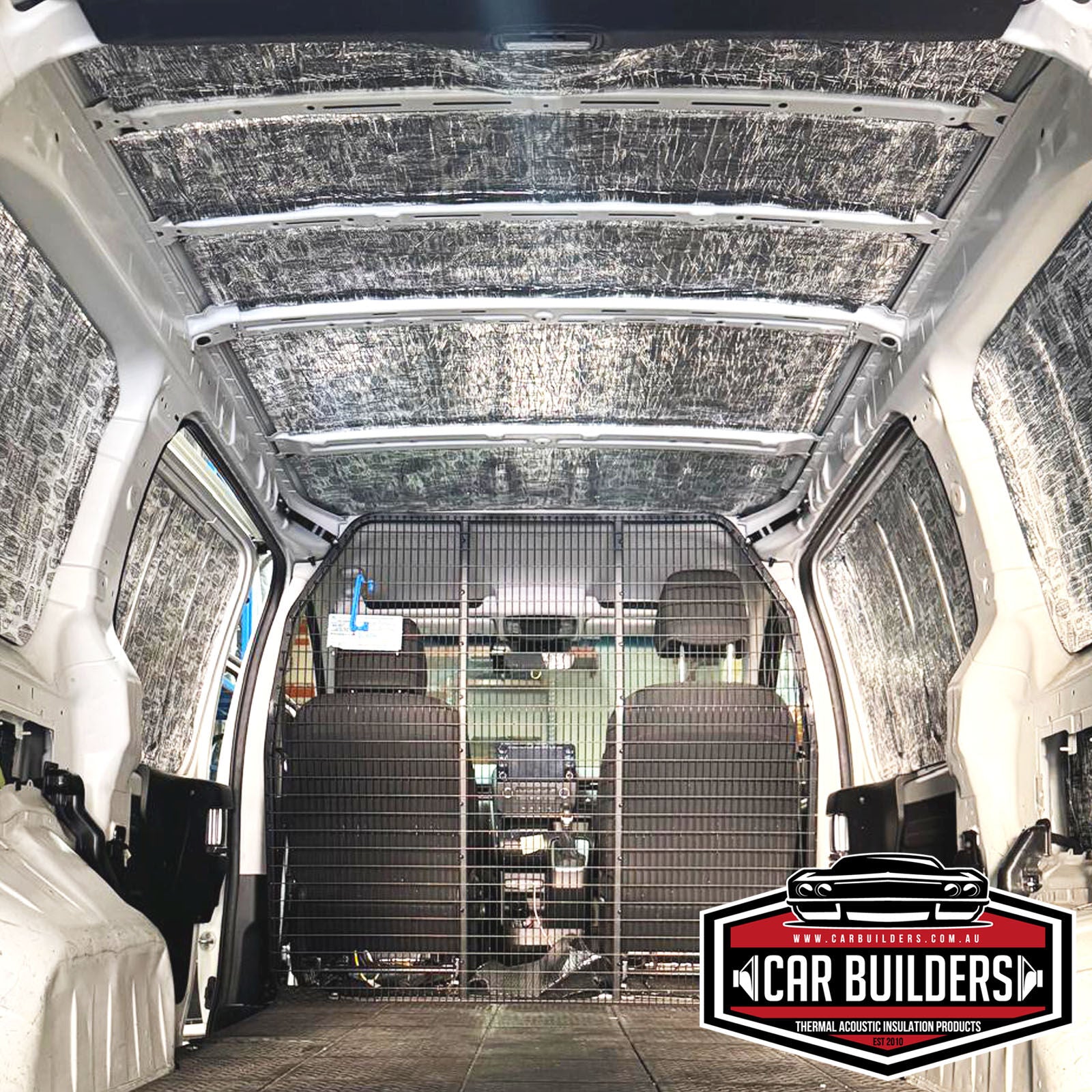 Staria load area roof and walls lined with deadener and Van Liner, looking forward