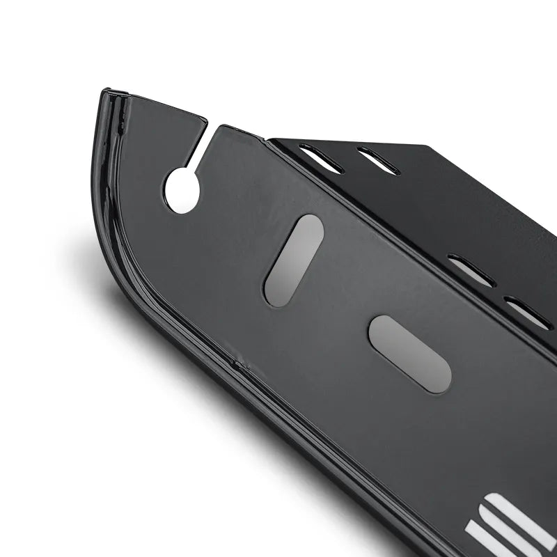 Close-up of black satin STEDI number plate light mounting bracket
