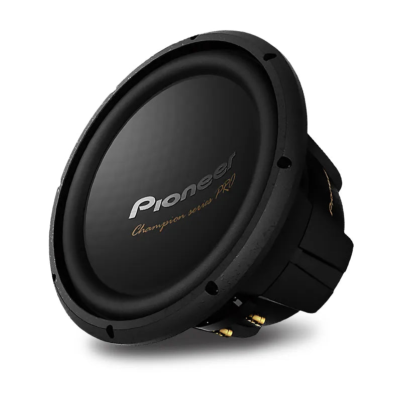 Front view of black Pioneer 12-inch 2400W Champion Series PRO subwoofer featuring red dual spider design and white Pioneer logo on the cone.