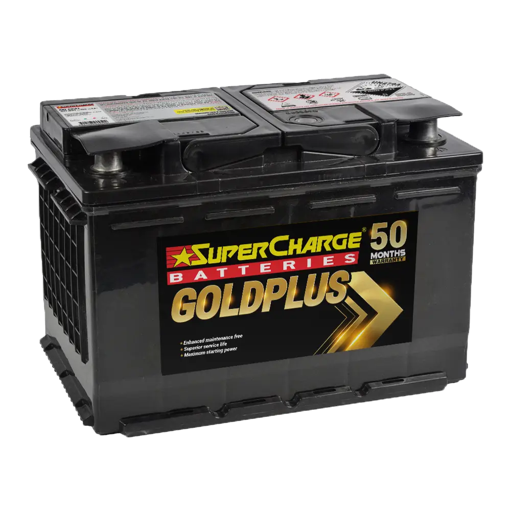 black SuperCharge GoldPlus 12V 800CCA car battery with brand labeling on it.