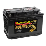 black SuperCharge GoldPlus 12V 800CCA car battery with brand labeling on it.