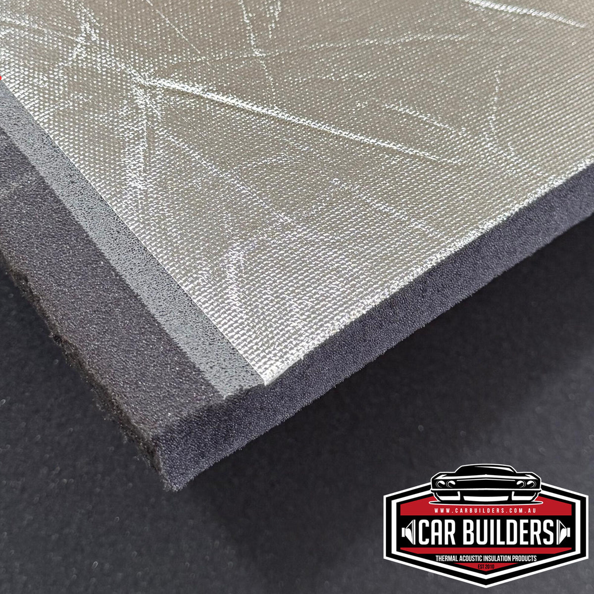 Close up of Car Builders Truck Liner acoustic foam with aluminium foil glass cloth face