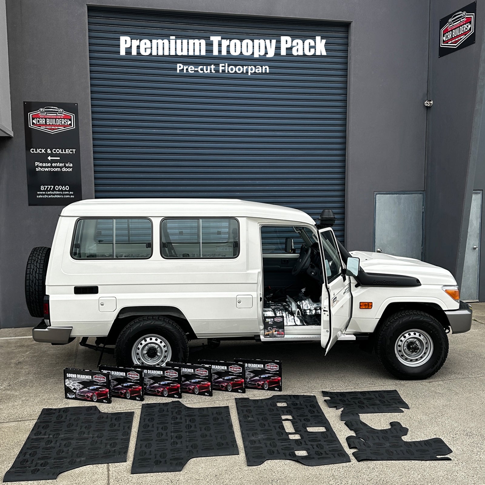 Premium Troopy kit laid out beside a Troopcarrier with the pre cut floorpan on show