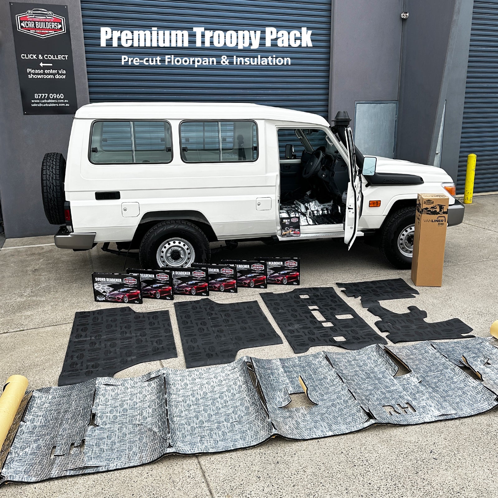 Premium Troopy kit with pre cut floorpan and insulation pieces laid out next to a Troopcarrier