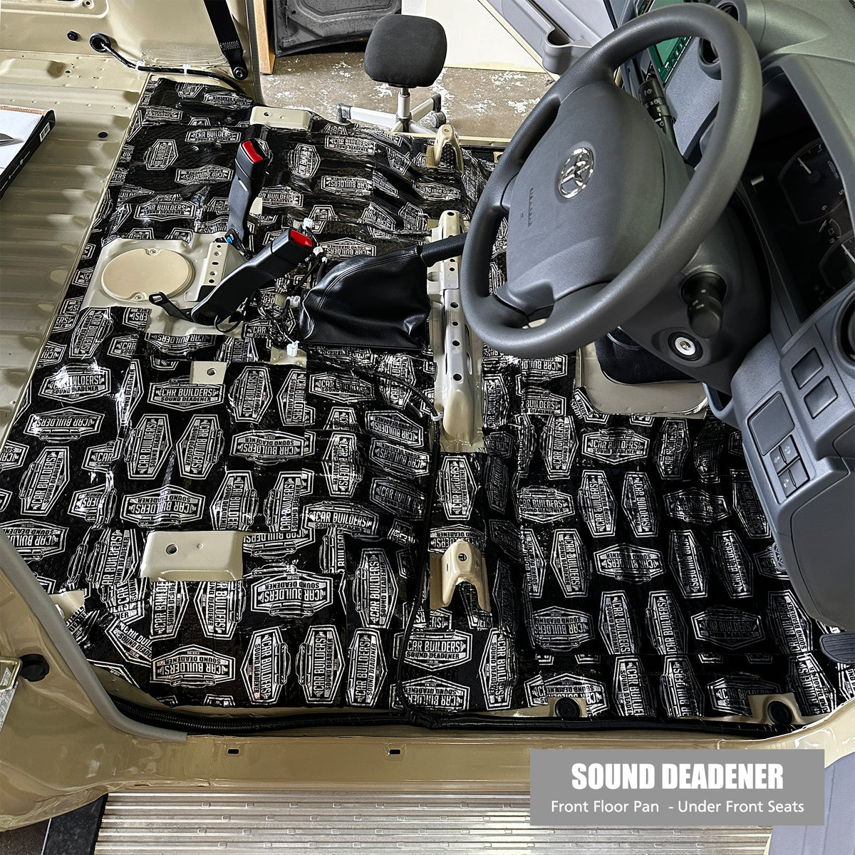 Troopy front floor and under seat area covered in Stage 1 Sound Deadener