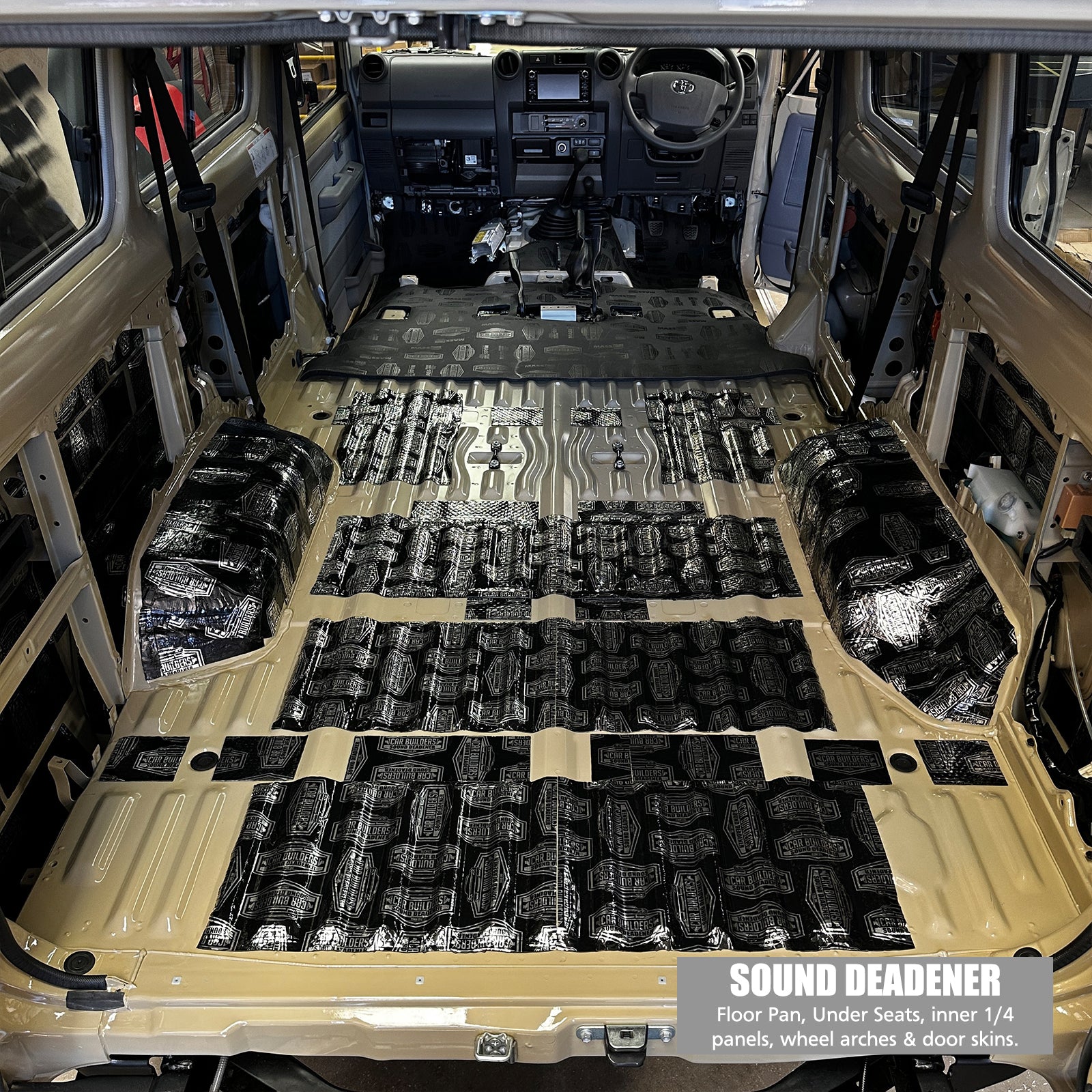 Troopy rear body floor, quarter panels and wheel arches treated with deadener
