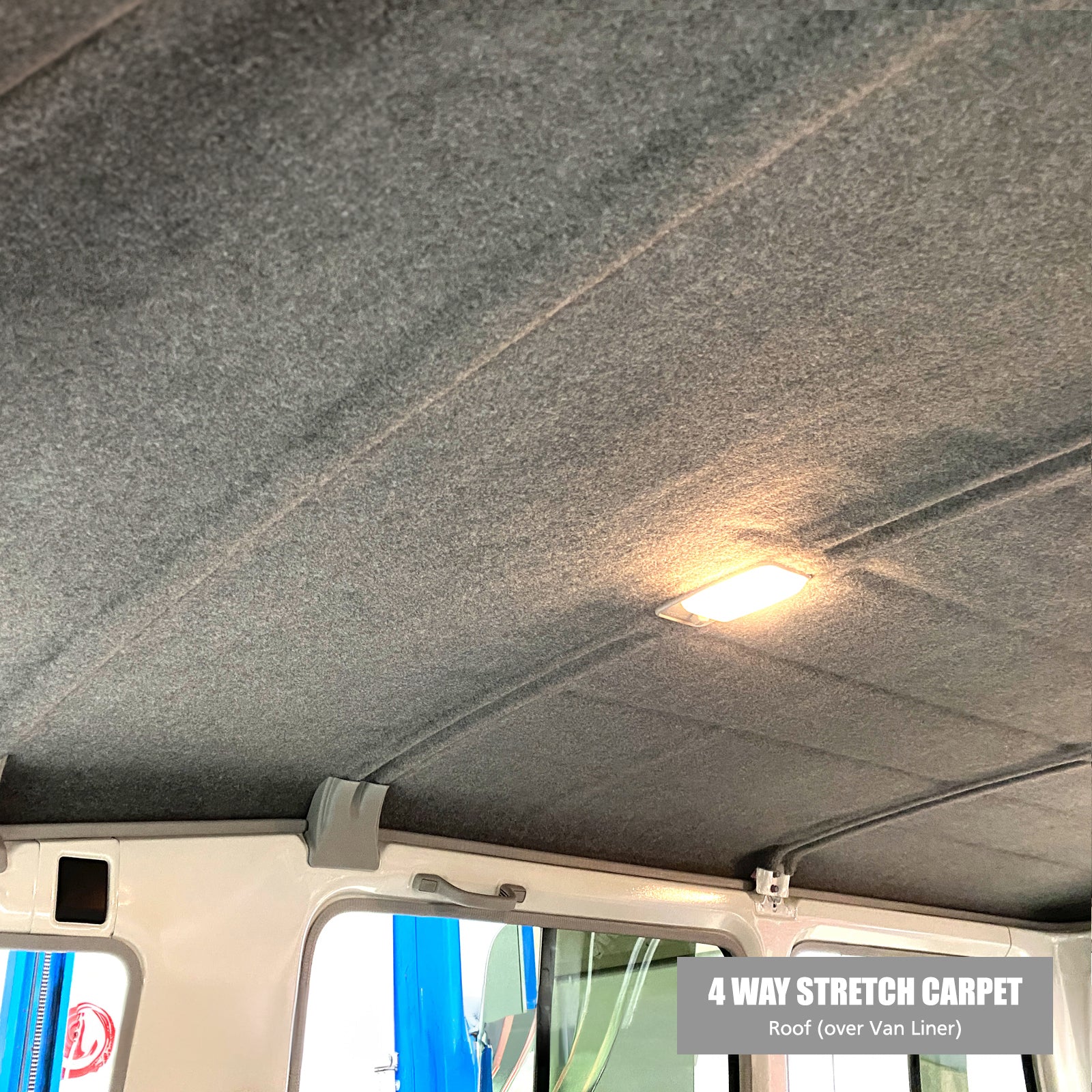 Troopy roof lined with Van Liner and finished in glued four way stretch carpet