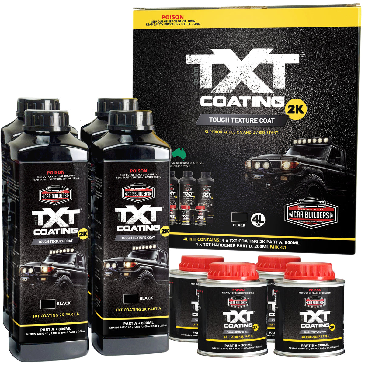 Four TXT Coating 2K Black kits lined up