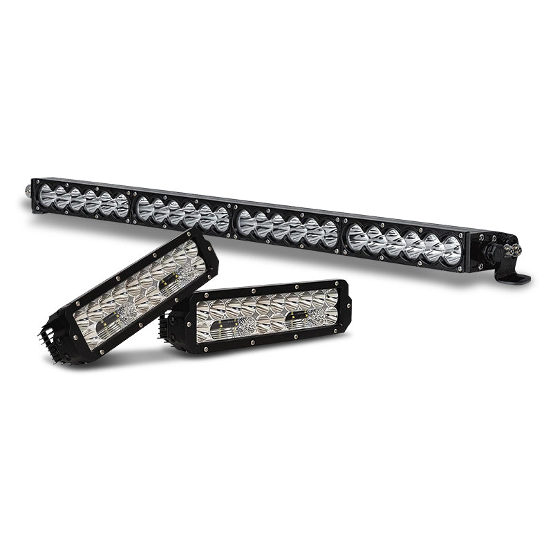 Behind-grille LED light bar kit for VW Amarok, featuring one long bar and two shorter black-housing light bars with clear lenses.