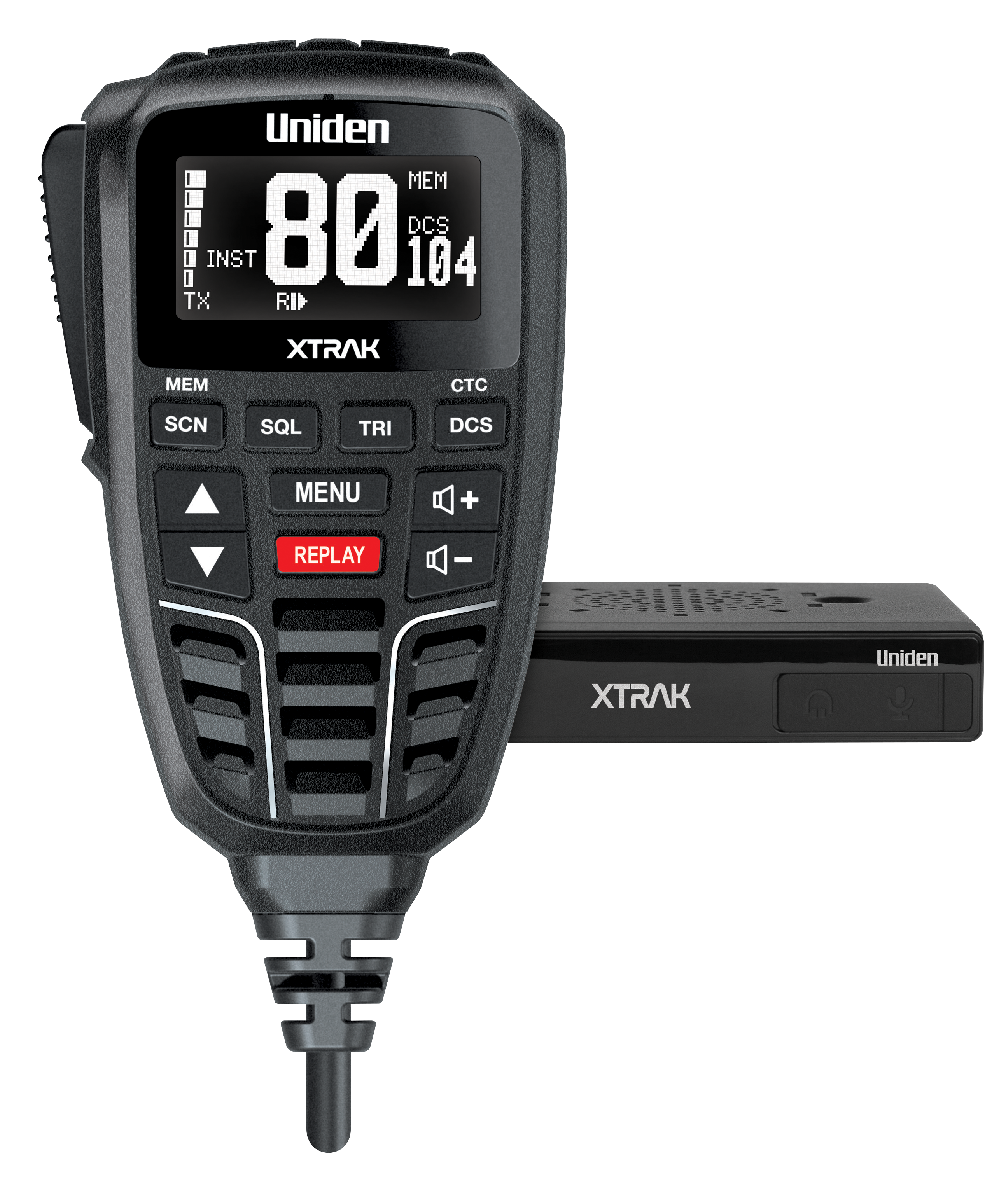 Uniden XTRAK 80 UHF radio with large OLED display and heavy-duty black antenna designed for off-road and 4WD use.