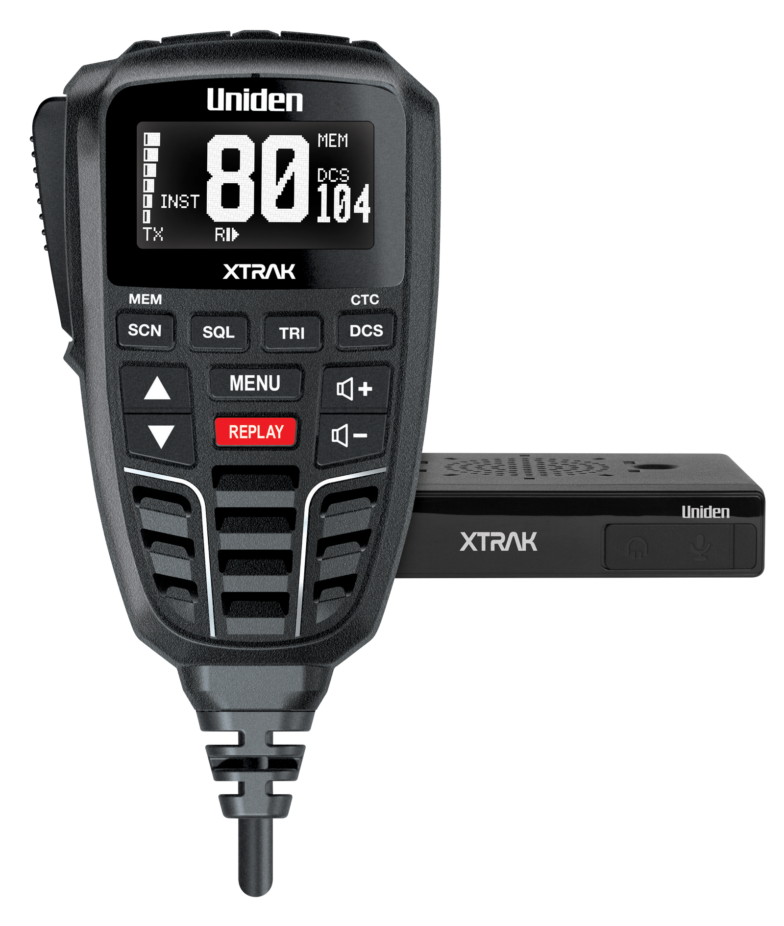 Uniden XTRAK 80 UHF radio with large OLED display and heavy-duty black antenna designed for off-road and 4WD use.