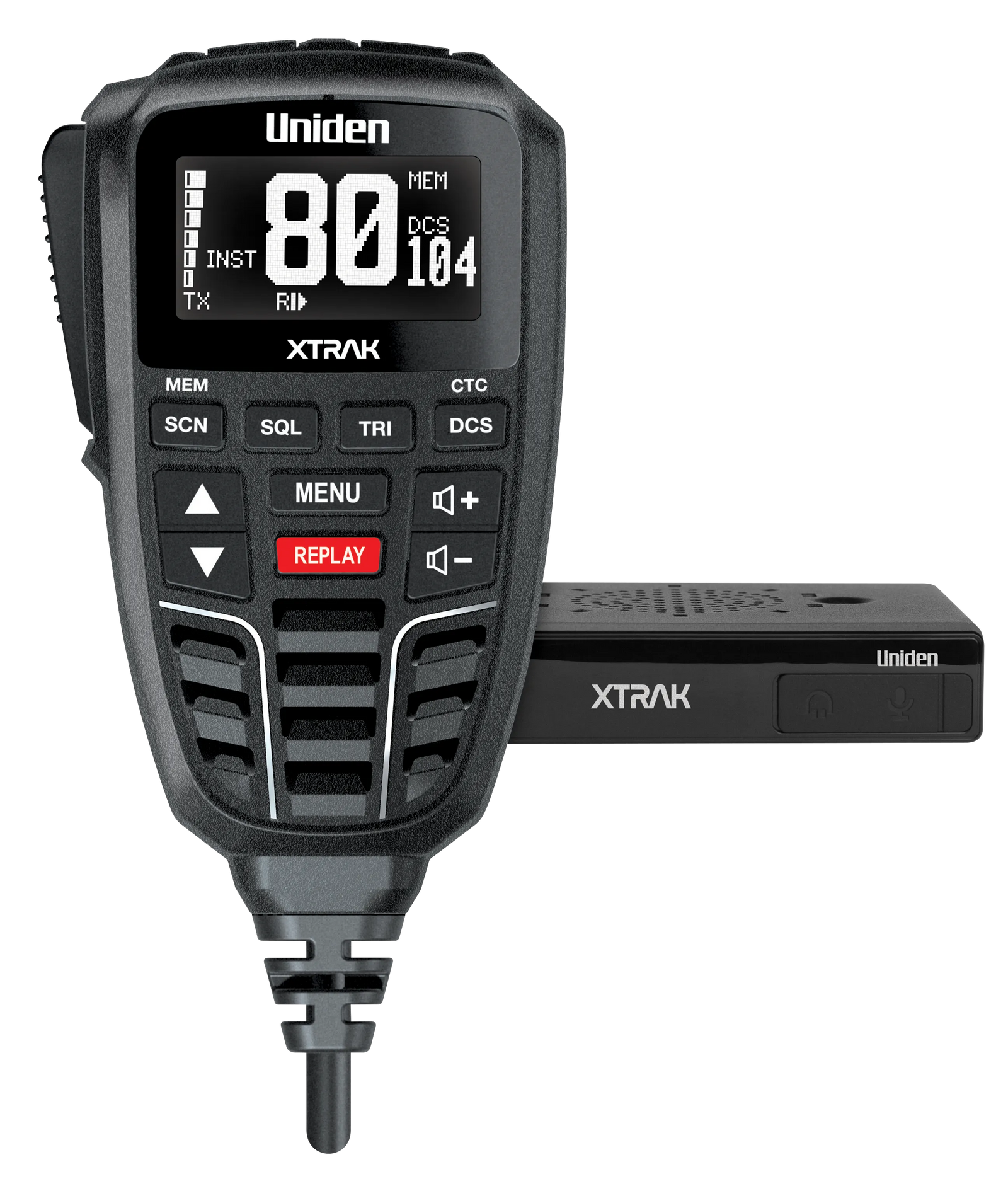 Uniden XTRAK 80 UHF radio with large OLED display and heavy-duty black antenna designed for off-road and 4WD use.