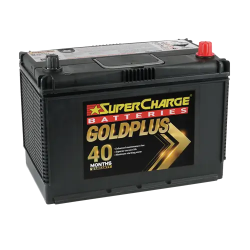 black SuperCharge GoldPlus 12V 810CCA truck battery with brand labeling on the top.