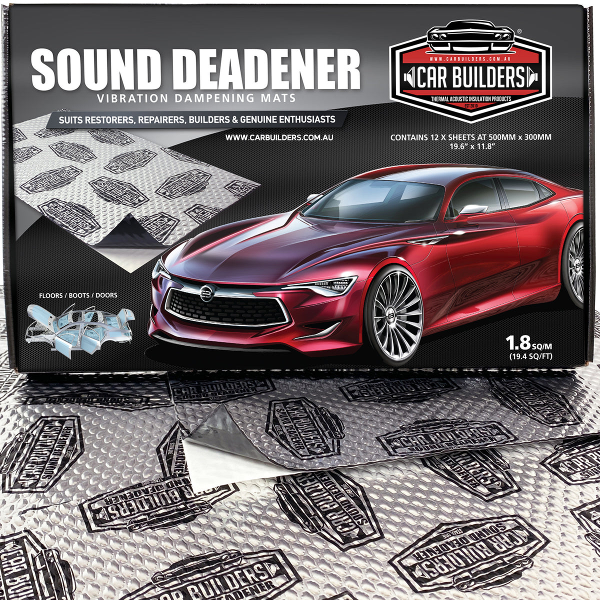 Box of Car Builders Stage 1 Sound Deadener with silver printed sheets on show